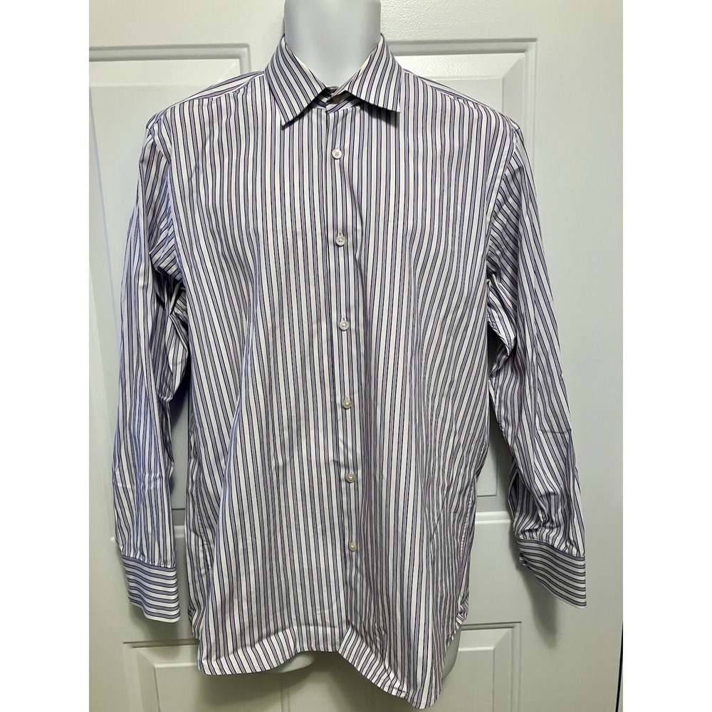 HUGO BOSS Men's Regular Fit White‎ Purple Long Sleeve Dress Shirt 16 32/33 Large